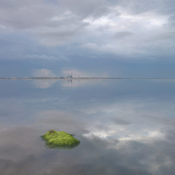 Moss-covered rock reflected in still water at Blackrock, Dublin Bay, with Poolbeg chimneys on the horizon.