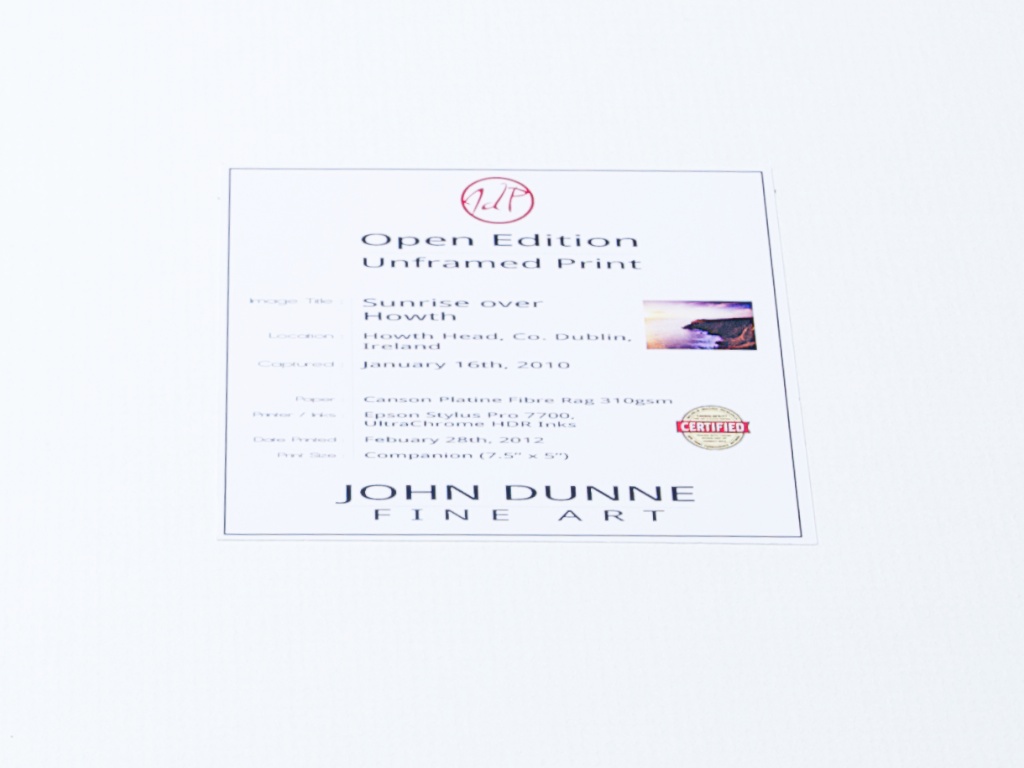 An image of the Seal of Authenticity affixed to the back of my original Prints from John Dunne Photography by John Dunne. 