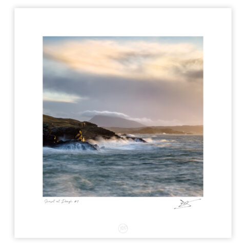 Stormy waves crashing against cliffs at Doagh on the Donegal coast under dramatic skies, Ireland, colour photograph.