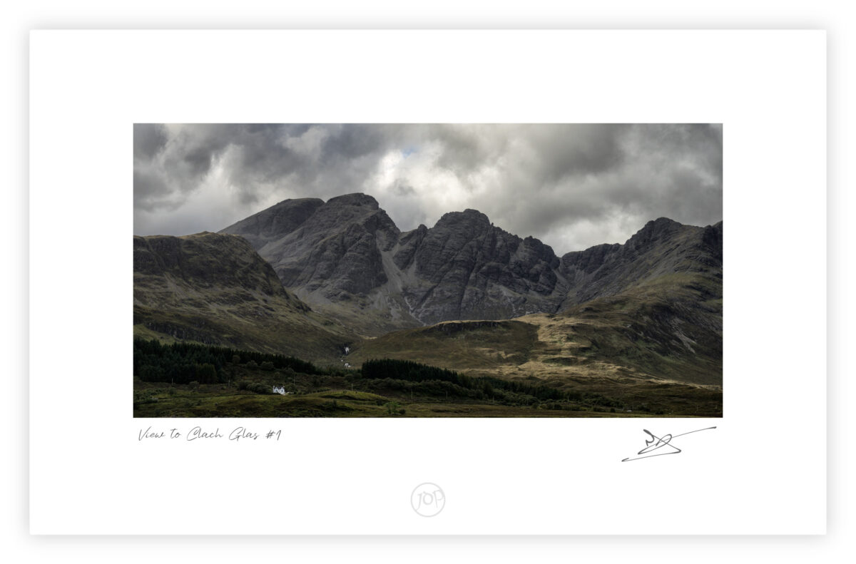 View toward Clach Glas in the Cuillin Mountains near Torrin on the Isle of Skye, Scotland, colour photograph.