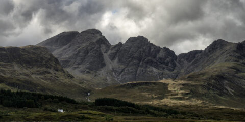 View toward Clach Glas in the Cuillin Mountains near Torrin on the Isle of Skye, Scotland, colour photograph.