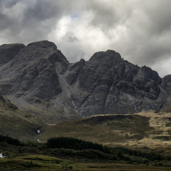 View toward Clach Glas in the Cuillin Mountains near Torrin on the Isle of Skye, Scotland, colour photograph.