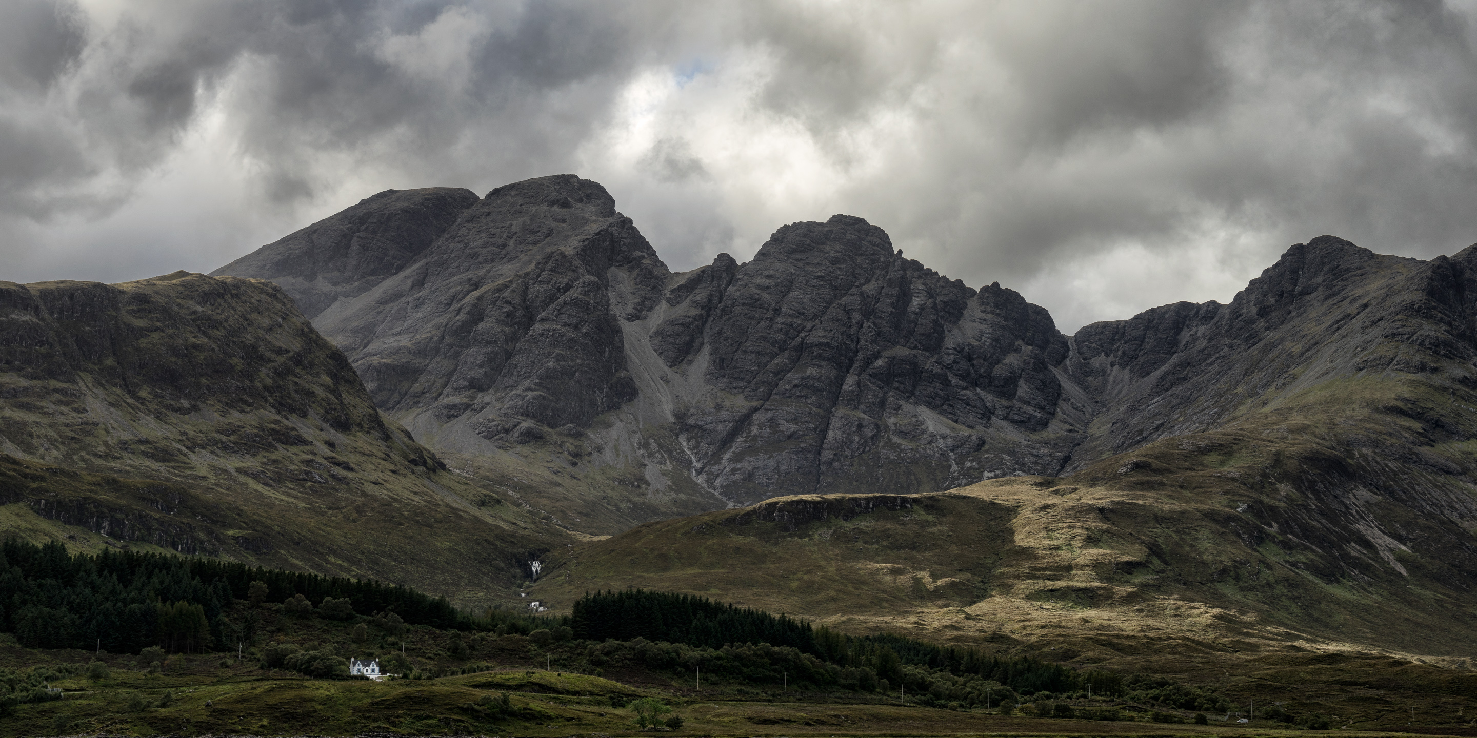 View toward Clach Glas in the Cuillin Mountains near Torrin on the Isle of Skye, Scotland, colour photograph.