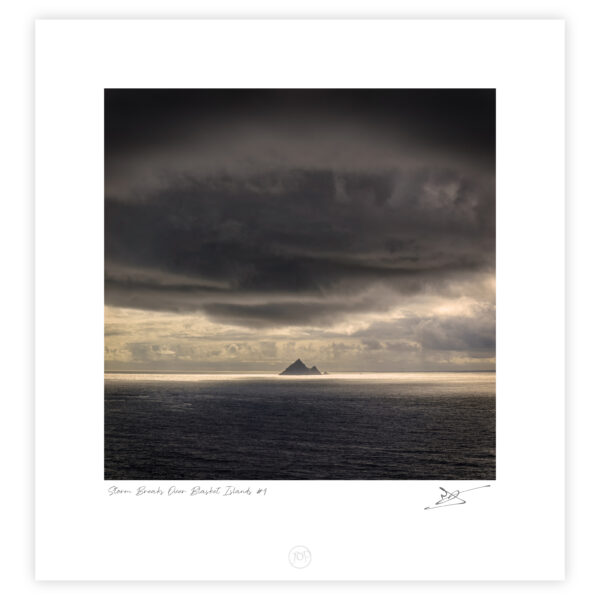 Storm clouds above Tearaght Island in the Atlantic Ocean off the Dingle coast, County Kerry.
