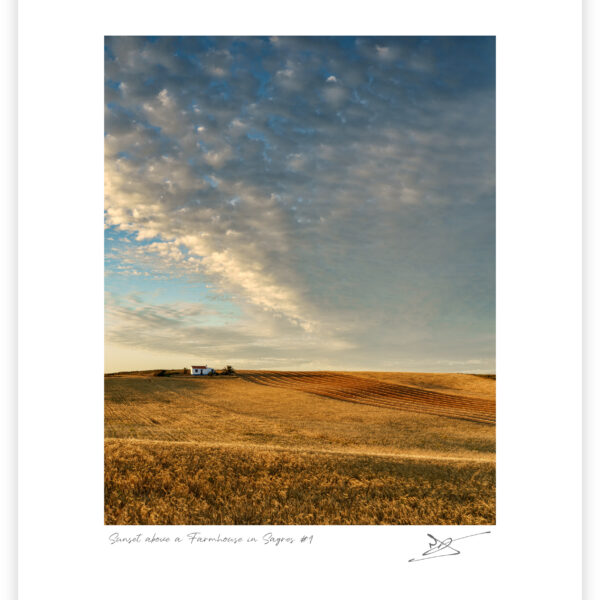 Farmhouse surrounded by golden fields under a cloud-filled sky near Sagres in the Algarve, colour photograph.
