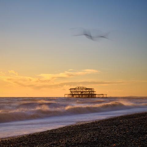 Waves breaking at sunset with the ruined West Pier offshore on Brighton beach, England, colour photograph.