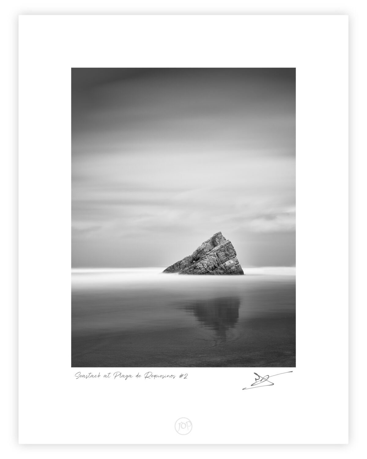 Seastack at Playa de Requesinos #2 Matte Black and white long exposure photograph of a leaning sea stack rising from calm reflective water at Playa de Requesinos, Asturias, Spain.