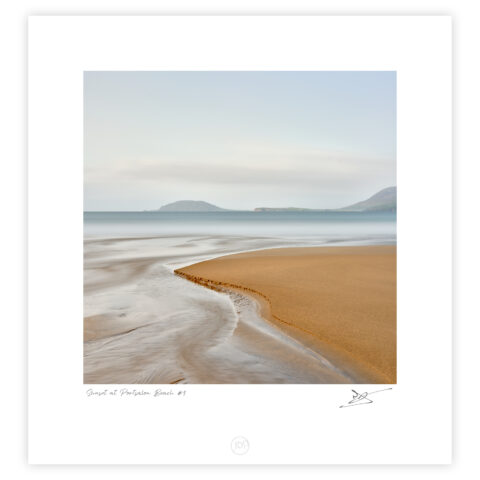 Long exposure of a sand bank and receding water on Portsalon Beach, County Donegal, Ireland, colour photograph.